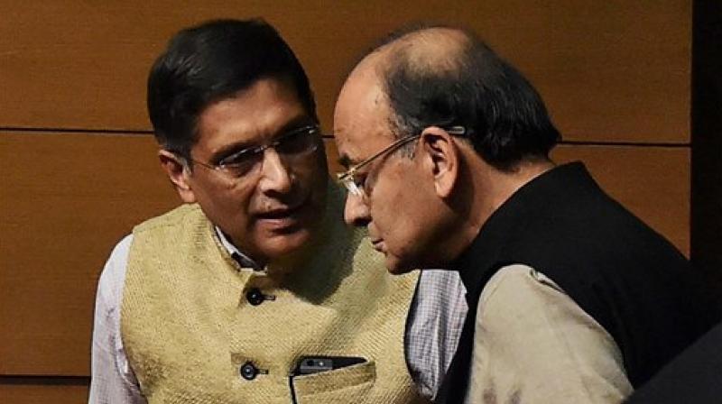 Finance Minister Arun Jaitley with Chief Economic Adviser Arvind Subramanian during a Post-Budget press conference in New Delhi. (Photo: AP)