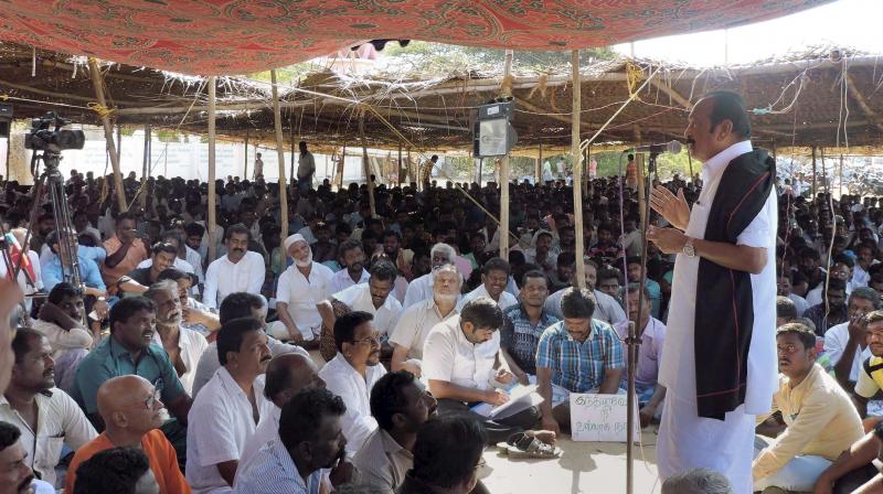 MDMK chief Vaiko addressing fishermen community on the 2nd day of their protest against the alleged killing 22-year-old Indian fisherman Chitso, at Thangachimadam in Rameswaram on Wednesday. Chitso was shot dead on Monday allegedly by the Lankan Navy personnel while he was fishing in a mechanised boat at a short distance off Katchatheevu islet (Photo: AP)
