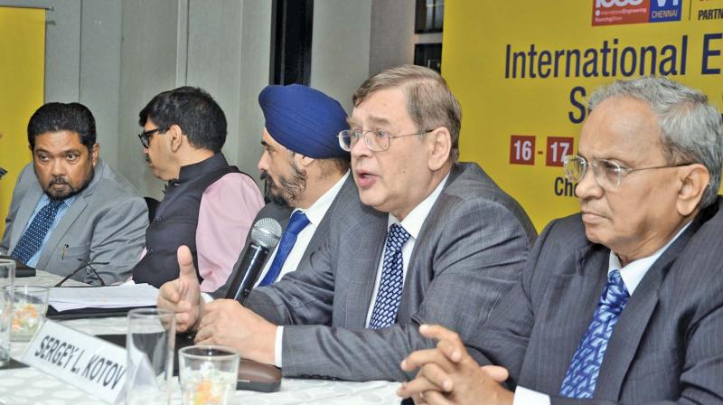 Russian Consul General in Chennai Sergey, L Kotov, speaking to media during the curtain raiser for the 6th International Engineering Sourcing Show (IESS). (Photo: DC)