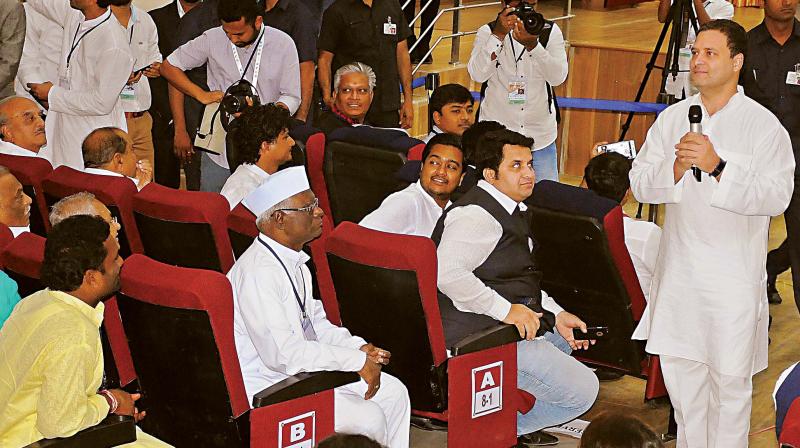 Congress President Rahul Gandhi interacts with professionals and the business community in Kalaburagi on Tuesday. (Photo: DC)