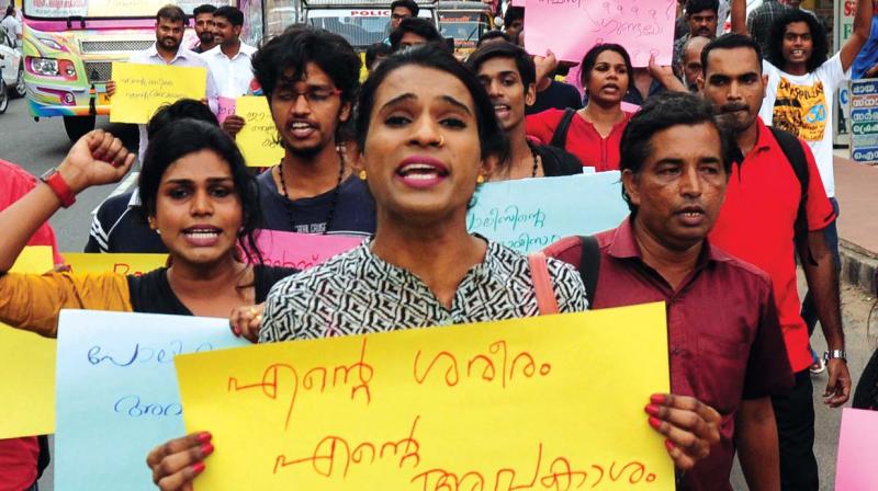 Transgenders and activists take out a march protesting against the police attack on three transgenders, in Thrissur on Saturday. (Photo: DC)