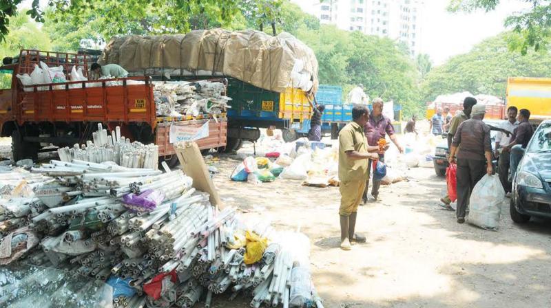 Plastic and tubelights which people brought to Resource Recovery Centre at Jagathy as part of the collection drive organised by Corporation . (Photo: DC)