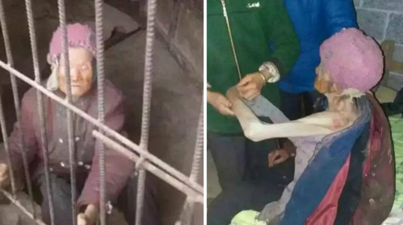 The old woman from the Chinese province of Guangxi was locked up in the cage by her son and daughter-in-law. (Photo: YouTube Screengrab)