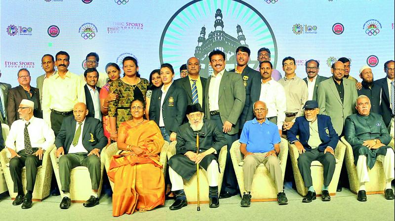 Arjuna, Dronacharya and Padma Shri awardees as well as international players from Hyderabad pose after being felicitated by the Ethic Sports Foundation in an event in Hyderabad on Saturday.