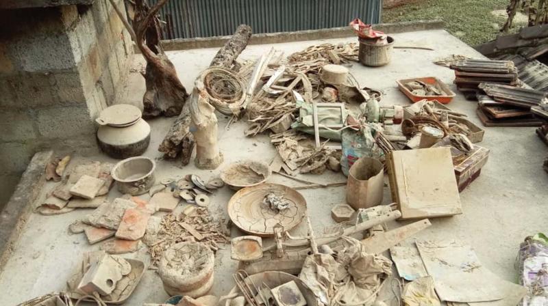 The damaged worksite and accessories used for making the Aranmula kannadi.