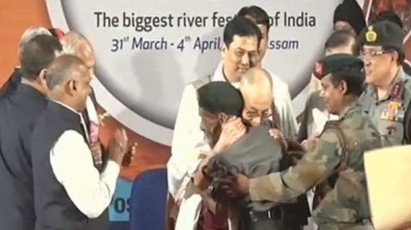 The Dalai Lama fell silent, saluted Das, held him tight, and wiped tears away from his eyes. (Photo: ANI)