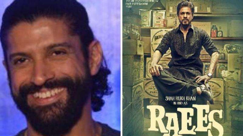 Farhan Akhtar (L) and a poster of the film Raees.