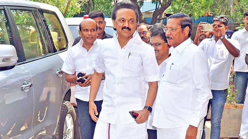 DMK working president M.K. Stalin arrives at the party headquarters  Anna Arivalayam  on Tuesday where he chaired a meeting of his party legislators.  (Photo: DC)