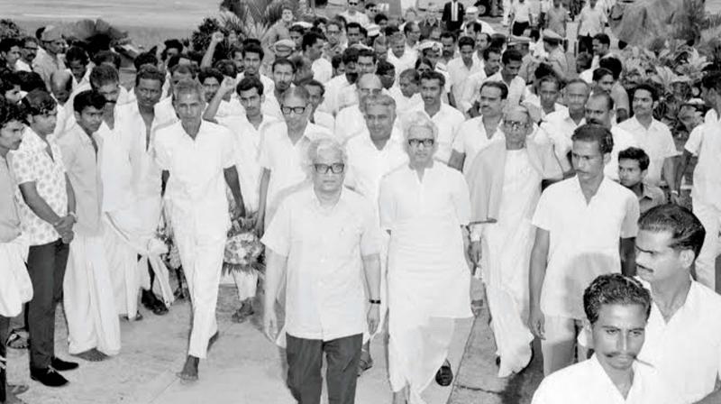 Then chief minister C. Achutha Menon, who had pioneered several of Keralas modern institutions, walks to the lounge, accompanied by cabinet colleagues, including home minister K. Karunakaran, at Thiruvananthapuram airport.  Courtesy PRD archives 1970s