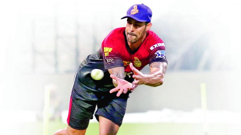 KKRs Mitchell Johnson during a training a  session.