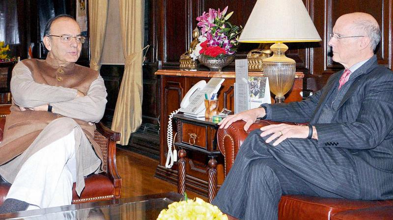 Union finance minister Arun Jaitley with Brookings Institution Washingtons chief  economic advisor Strobe Talbott at a meeting  in New Delhi on Friday (Photo: AP)