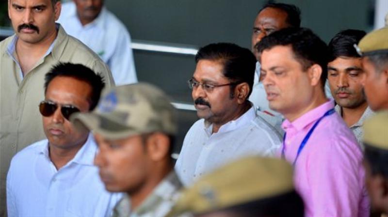 AIADMK (Amma) leader TTV Dhinakaran was brought to Chennai on Thursday, two days after he was arrested by Delhi Police in connection with an alleged bribery case. (Photo: PTI)