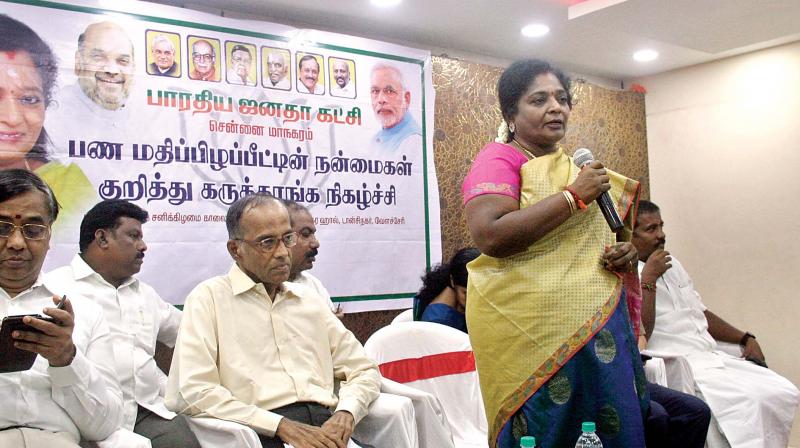 State BJP President Dr Tamilisai Soundararajan at a seminar in Velacherry, Chennai on Saturday. (Photo: DC)