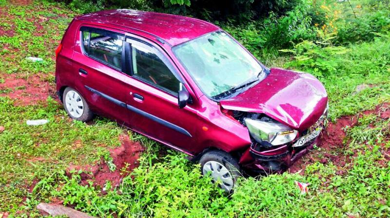 The car that met with an accident near the RGI Airport at Shamshabad on Sunday in which a boy was killed. 	(Photo:DC)