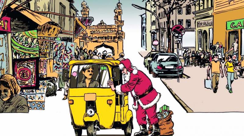 Santa Claus seen negotiating with an auto driver.