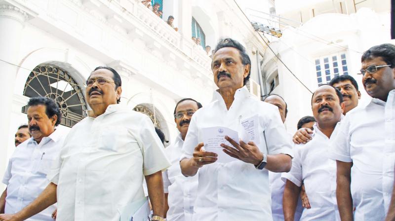 DMK party members led by M.K Stalin stage a walkout as they protested the Sterlite issue on Tuesday. (Image DC)