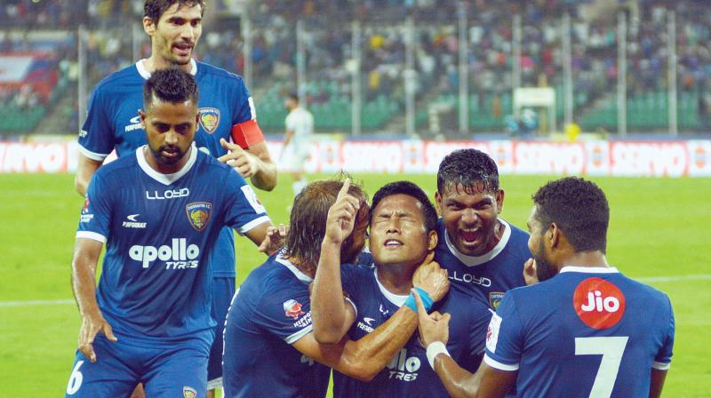 Jeje Lalpekhlua (centre) of Chennaiyin FC celebrates with his teammates after scoring against FC Goa in the second leg of their Indian Super League semifinal, at the Jawaharlal Nehru Stadium in Chennai on Tuesday (Photo: DC)