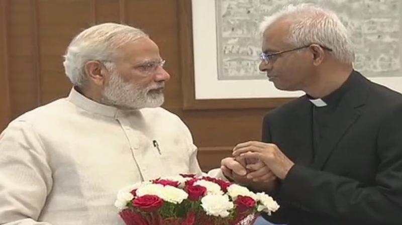 Vatican priest Father Tom Uzhunnalil, from Kerala, met Prime Minister Narendra Modi and External Affairs Minister Sushma Swaraj after arriving in Delhi on Thursday morning. (Photo: ANI/Twitter)