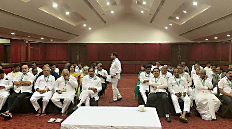 Congress legislators at the CLP meeting in Bengaluru on Saturday (Photo: DC)