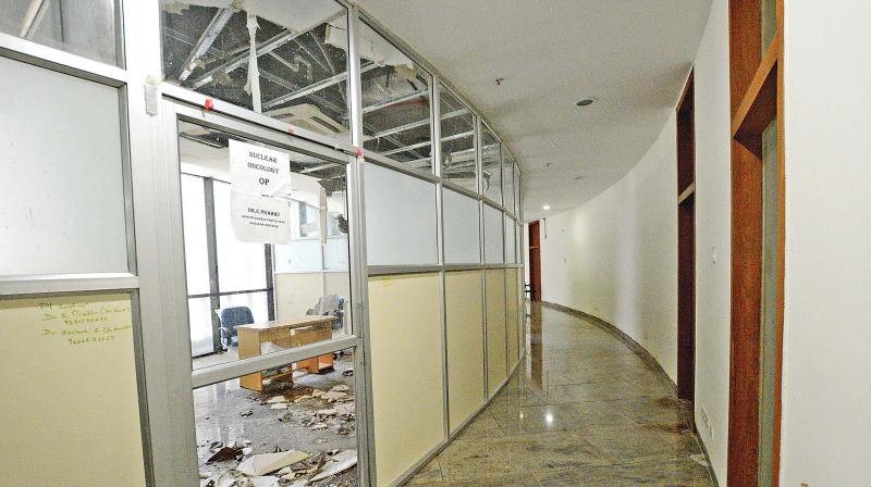 The collapsed ceiling at the OP ward of the nuclear oncology department at the Omandurar Government Multi Super Specialty Hospital. (Photo: DC)