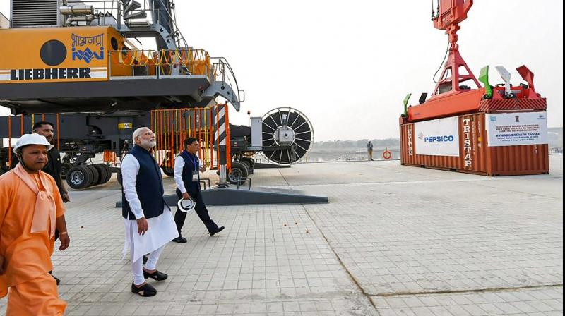 Prime Minister Narendra Modi looks on at Indias first multi-modal terminal on the Ganga river during its inaugural function, in Varanasi. (Photo: PTI)