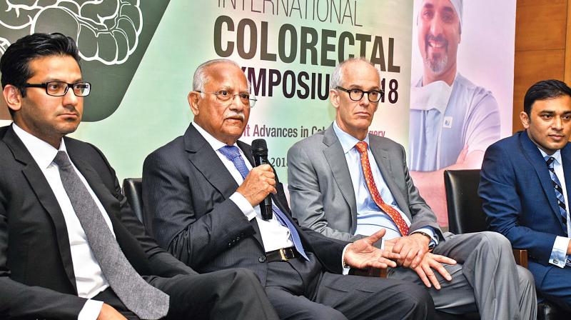Dr Prathap C Reddy, executive chairman of Apollo Hospitals Group, addresses the media announcing the launch of 2nd Apollo International Colorectal Symposium 2018. (Photo: DC)