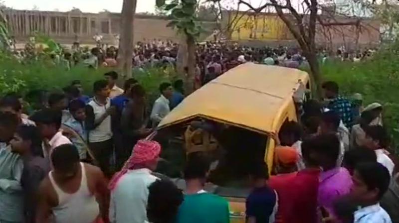 Thirteen school children were killed and eight others injured as train hits school bus in Uttar Pradeshs Kushinagar district. (Photo: ANI/Twitter)