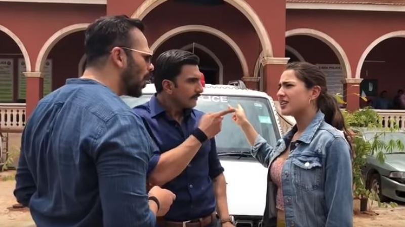 A screenshot of Ranveer Singh, Rohit Shetty, Sara Ali Khans video from the sets of Simmba.
