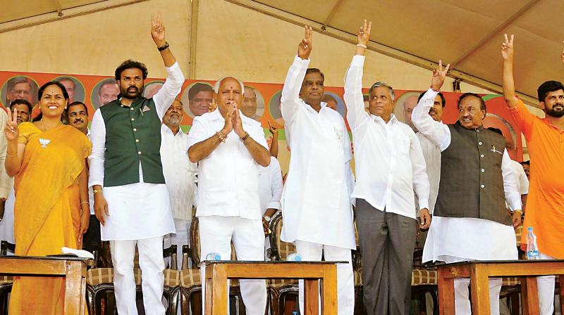 BJP leaders B.S. Yeddyurappa, Nanjangud candidate V. Srinivasprasad, V. Somanna, Shobha Karandlaje,  B. Sriramulu, K.S. Eshwarappa, Katta Subramanya Naidu and Pratap Simha during a rally in Nanjangud.