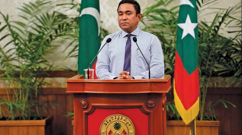 Maldives President Yameen Abdul Gayoom addressing the nation in Male, Maldives. (Photo: AP)