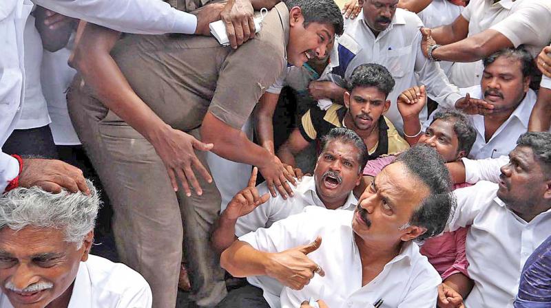 Stalin protesting in front of the Chief Ministers chamber at the secretariat. (Photo: DC)