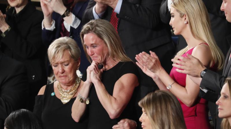 An emotional Carryn Owens, widow of widow of Chief Special Warfare Operator William Ryan Owens, on Capitol Hill in Washington. (Photo: AP)