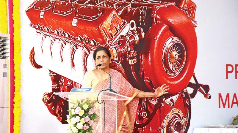 Union defence minister Nirmala Sitharaman speaks at the handing over event of indigenized high power diesel engines to Indian Army at Avadi Engine Factory, on Saturday.  (Photo:DC)