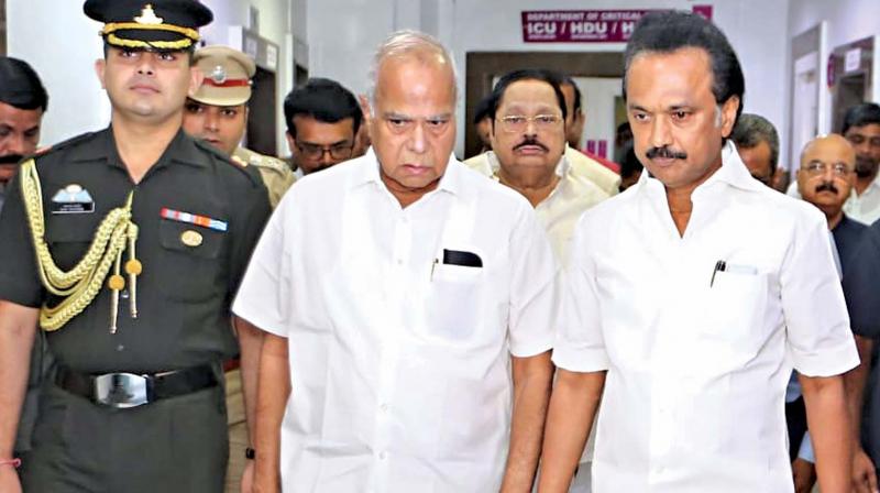 Tamil Nadu Governor Banwarilal Purohit with DMK working president M.K. Stalin Kauvery Hospital, on Saturday. (Photo:DC)