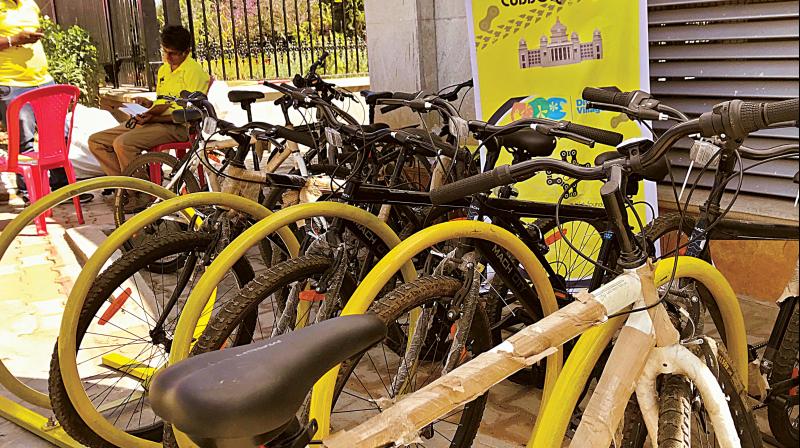 A bicycle station at one of the gates of Cubbon Park . (Photo: DC)