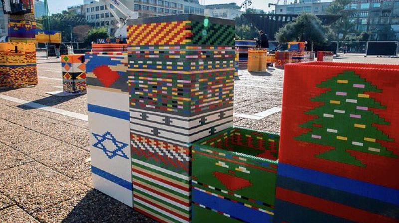 The multi-coloured Omer Tower, named after 8-year-old Lego fan Omer Sayag, was completed using cranes. (Photo: Twitter/GalitPeleg)