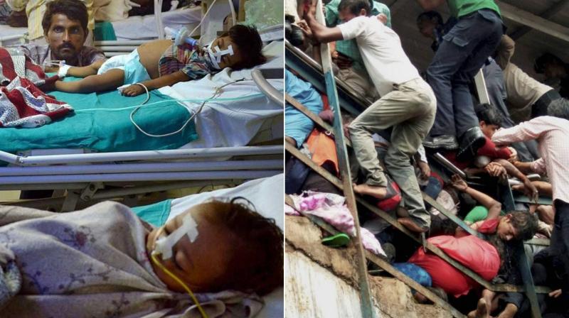 BRD hospital in Uttar Pradesh, where hundreds of children died due to lack of oxygen (left) and victims of stampede at Elphinstone Road railway station in Mumbai (right). (Photos: PTI)