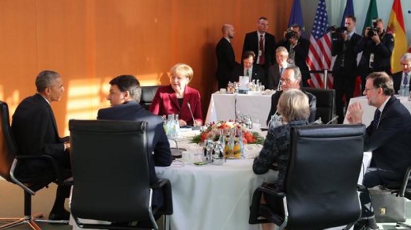 Barack Obama in a meeting with German Chancellor Angela Merkel, French President Francois Hollande, Spains Prime Minister , Mariano Rajoy, Britains Prime Minister Theresa May and Italian Prime Minister Matteo Renzi, at the chancellary in Berlin. (Photo: AP)