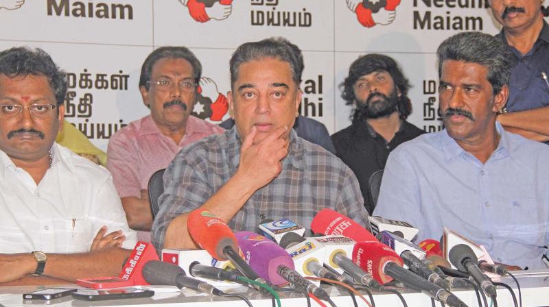 Makkal Needhi Maiam (MNM) leader Kamal Haasan addresses a press meet in Chennai on Saturday.(Photo: DC)