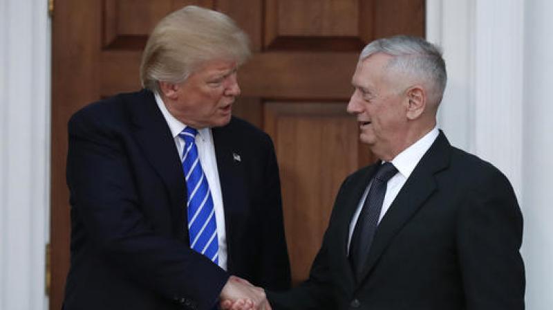 President-elect Donald Trump shakes hands with retired Marine Corps Gen. James Mattis as he leaves Trump National Golf Club Bedminster clubhouse in Bedminster. (Photo: AP)