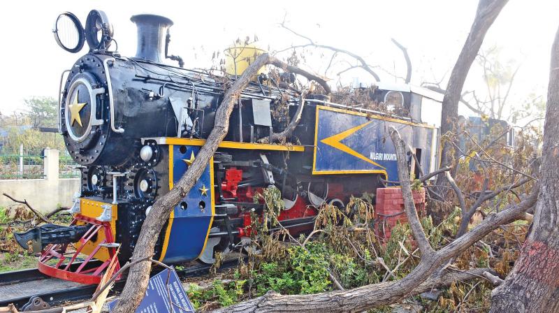 A steam locomotive engine displayed at Chennai rail museum bears the damage, after a tree collapsed on it.