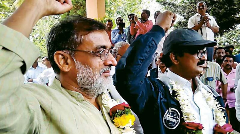 Naxal leaders Sirimane Nagaraj and Noor Sridhar at the time of their return to mainstream in December 2014.