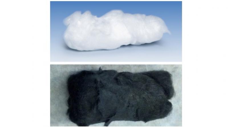 Plain quartz fiber, top, gains the ability to remove toxic metals from water when carbon nanotubes are added, bottom. The filters absorbed more than 99 percent of metals from test samples laden with cadmium, cobalt, copper, mercury, nickel and lead. Once saturated, the filters can be washed and reused. Courtesy of the Barron Research Group