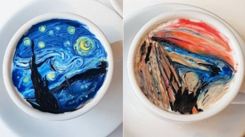 Vincent van Goghs \The Starry Night\ and Edvard Munchs \The Scream\ on cup of coffee. ( Photo: Instagram / leekangbin91)