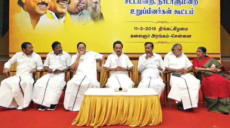 At a meeting of its district secretaries, MPs, and MLAs in the city on Monday, with its president M. K. Stalin in the chair, the DMK demanded by-polls to the three Assembly constituencies of Tiruparankundram, Ottapidaram and Aravakurichi, along with 18 other vacant seats, on April 18. (Photo: DC)
