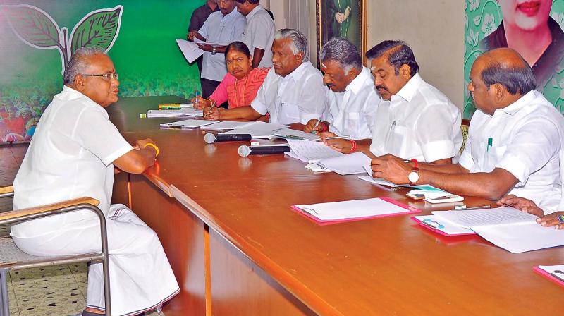 The ruling AIADMKs Parliamentary Board whose members include party Coordinator and Deputy CM O. Panneerselvam and Joint Coordinator and CM Edappadi K. Palaniswami, on Monday commenced the process of selecting the candidates for the April 18 Lok Sabha elections in the State, by interviewing the ticket aspirants. (Photo: DC)