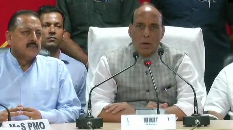 Union Home Minister Rajnath Singh inaugurated two smart fence pilot projects along the Indo-Pak border near in Jammu. (Photo: Twitter | ANI)