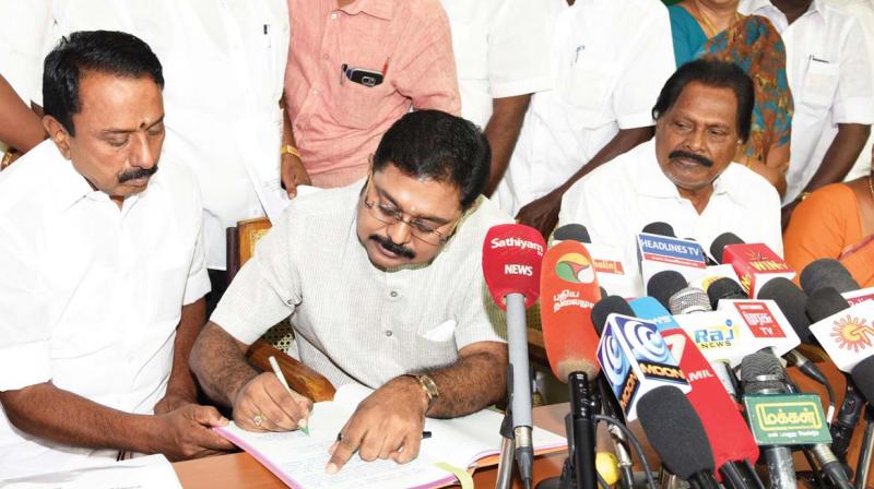AIADMK deputy general secretary T. T. V. Dinakaran, nominated as candidate for R K Nagar byelection constituency at party head office on Wednesday. (Photo: DC)