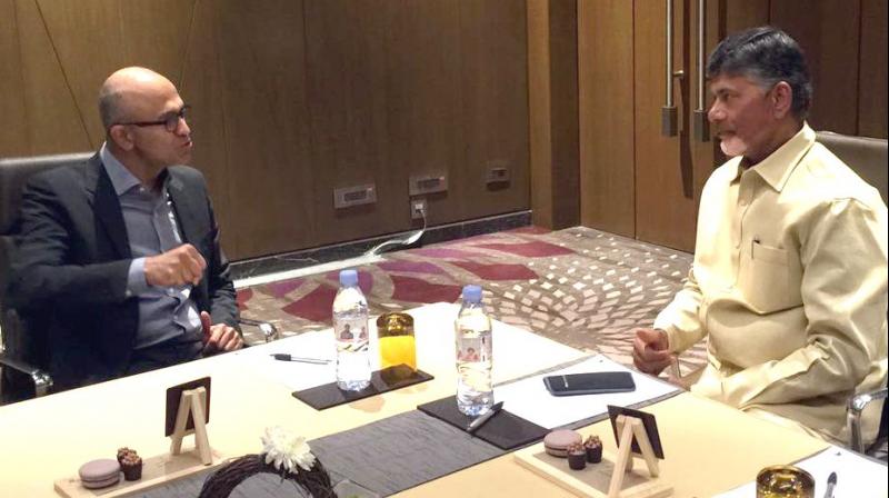 AP Chief Minister N. Chandrababu Naidu with Microsoft CEO Satya Nadella in Mumbai, on the sidelines of an event titled Future Decoding.