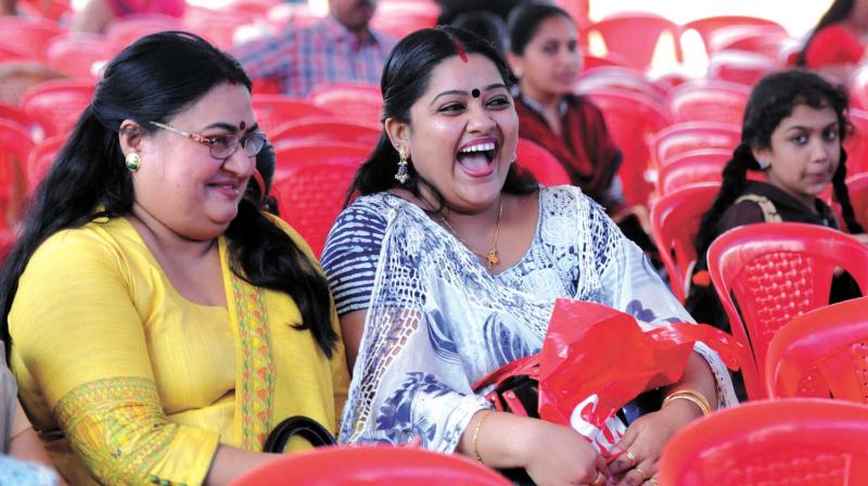 Actors Bindhu Panicker and Chandini watching their daughters perform in the Category 4 folk dance competition at CBSE state youth festival in Adimali on Sunday.